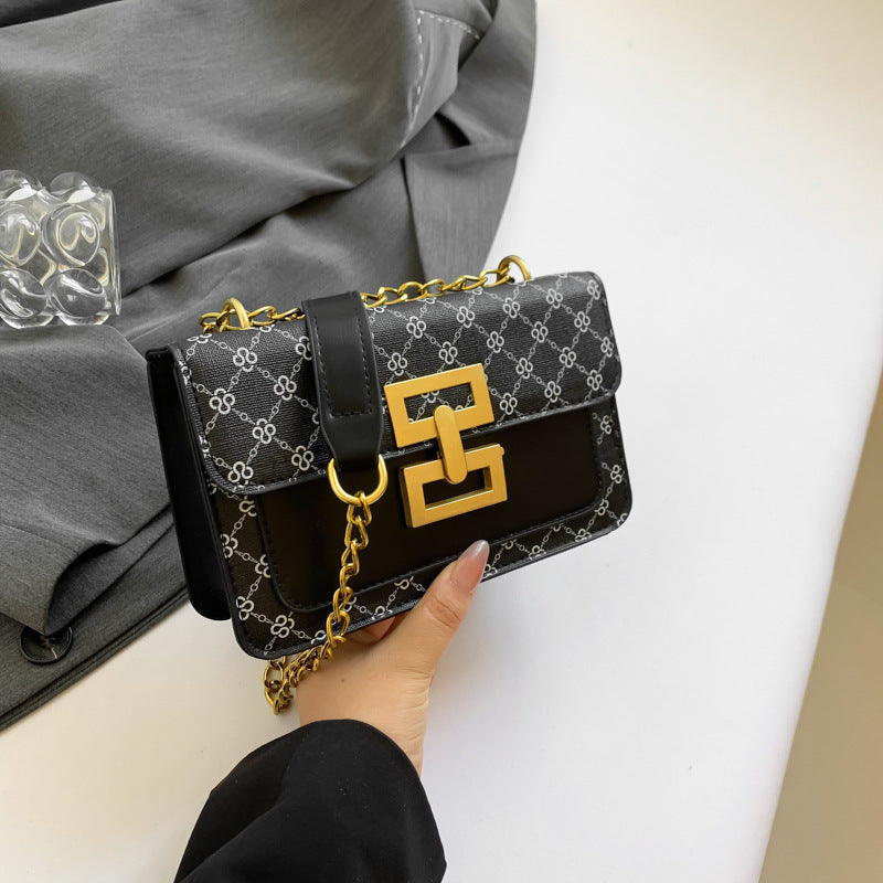 A new simple foreign style shoulder bag fashion chain retro lock small square bag printed messenger bag - Mixbatch