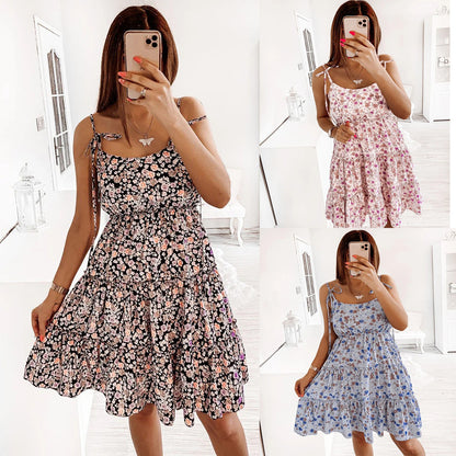 A small floral digital printing fresh and sweet wind suspender dress 8558