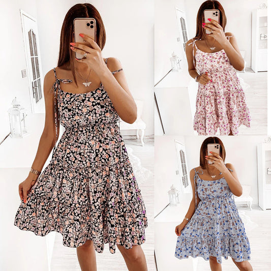 A small floral digital printing fresh and sweet wind suspender dress 8558