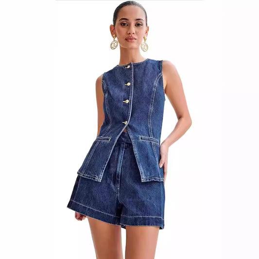 Summer Fashion Sleeveless Casual High Waist Denim Shorts Set - Mixbatch
