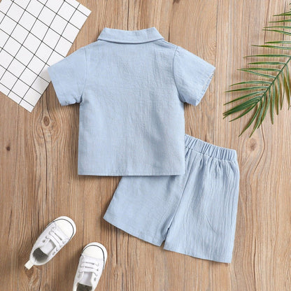 A Boys Cotton and Linen Polo Shirt Solid Color Two-piece Set - Mixbatch