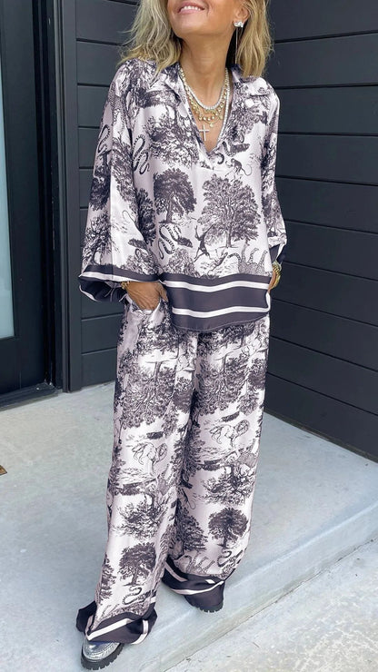 A Cross-border independent station fashionista V-neck printed long-sleeved pocket casual women's suit