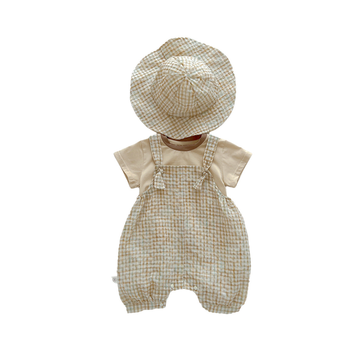 A children&#039;s summer Korean plaid bib suit ins baby boy and girl baby round neck T-shirt two-piece hat - Mixbatch