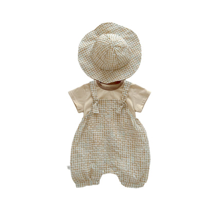 A children&#039;s summer Korean plaid bib suit ins baby boy and girl baby round neck T-shirt two-piece hat - Mixbatch