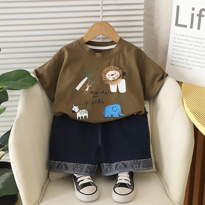 A children's short-sleeved T-shirt set boys and girls summer wear 2025 new loose Korean version cartoon doll top foreign style