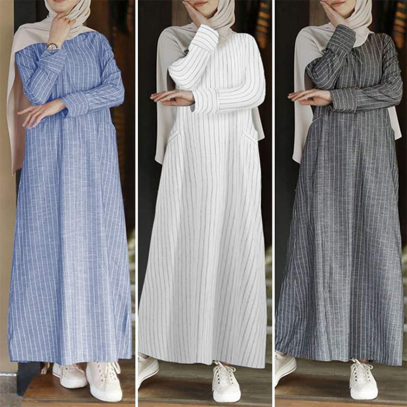 Middle East clothing Muslim women's cross-border supply of literature and art, retro national style, cotton and linen pullover, round neck A-shaped dress, dress - Mixbatch