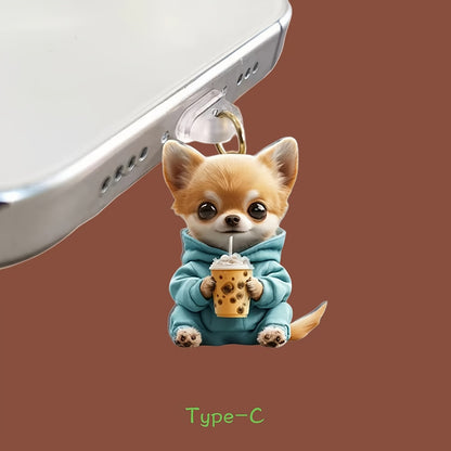 A Cross-border explosion Acrylic mobile phone dust plug Love milk tea dog and cat pendant Pendant Type-C oval interface