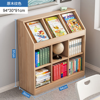 A school classroom bookshelf and storage cabinet