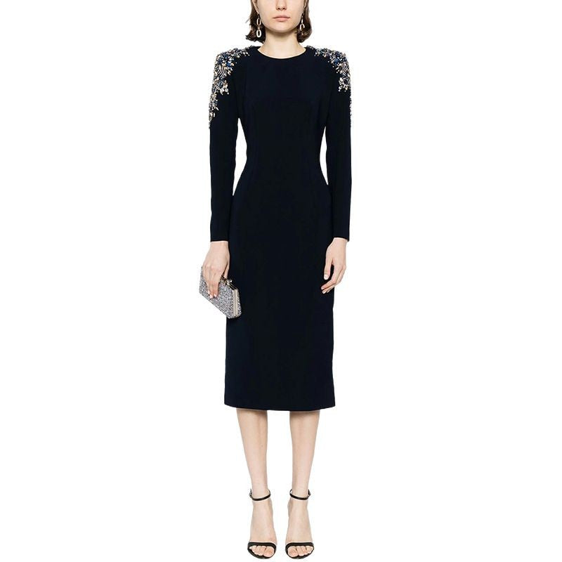A Heavy Industry Bead Diamond Long Sleeve Medium and Long Dress