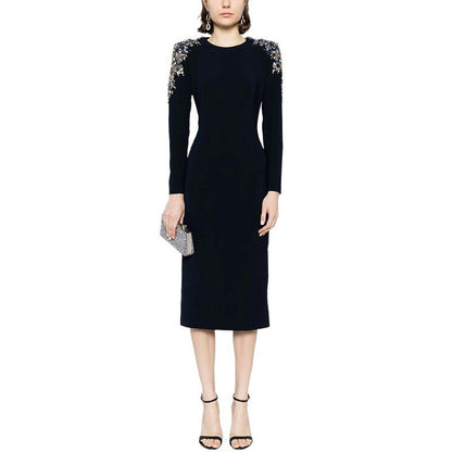 A Heavy Industry Bead Diamond Long Sleeve Medium and Long Dress