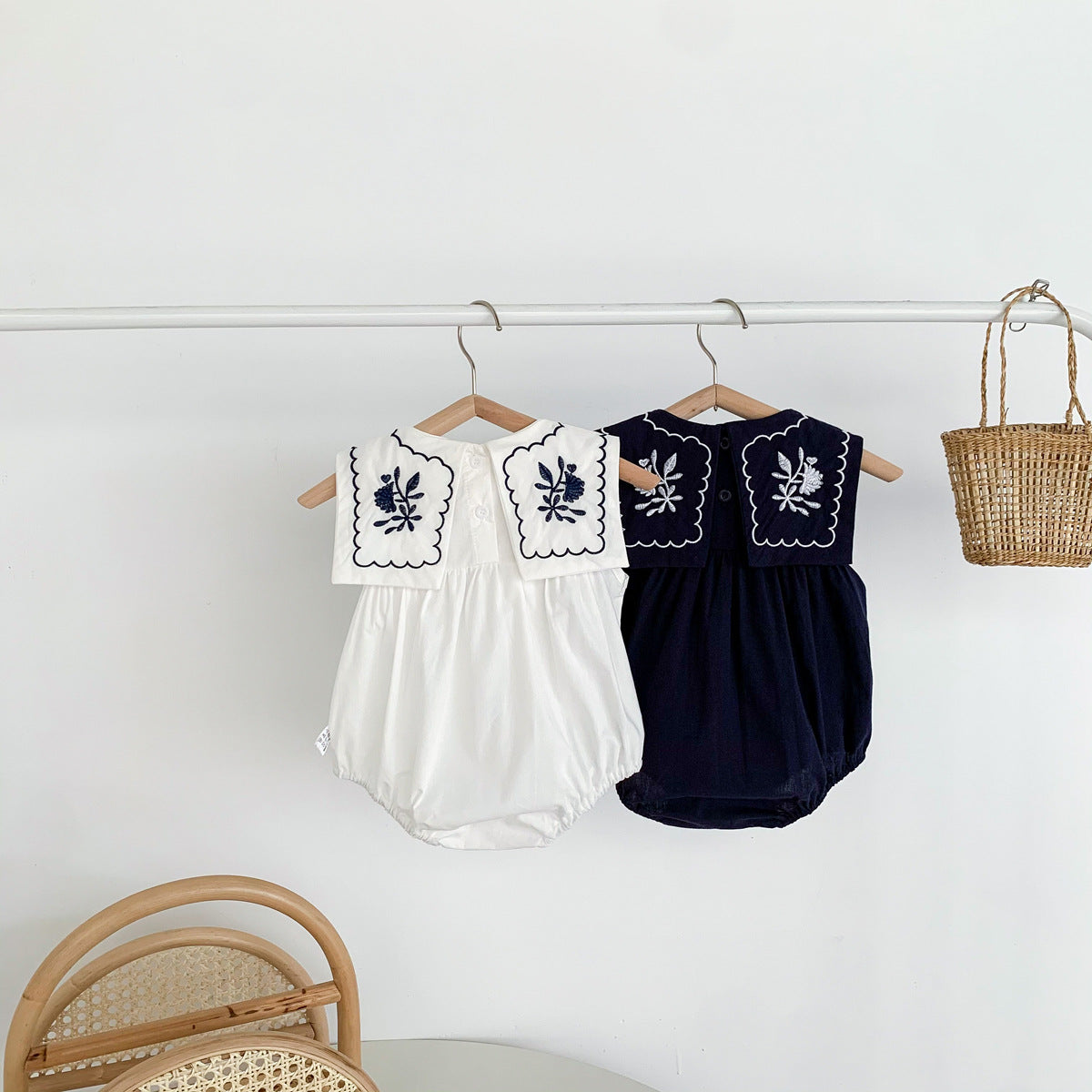 A ins summer cool navy embroidered collar sleeveless vest jumpsuit baby girl baby bag fart clothes climbing clothes - Mixbatch