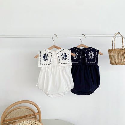 A ins summer cool navy embroidered collar sleeveless vest jumpsuit baby girl baby bag fart clothes climbing clothes - Mixbatch