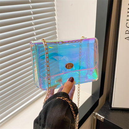 A new laser colorful small square bag chain small bag mobile phone bag change bag transparent bag shoulder messenger bag