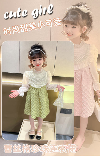 A girls lace pearl dress spring and autumn new girl baby foreign fashion princess dress small and medium children's clothing