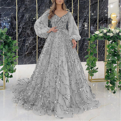 A multi-color heavy industry beaded luxury evening dress sexy lady aura queen dress