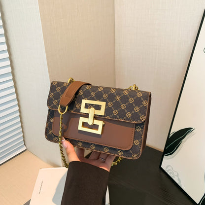 A new simple foreign style shoulder bag fashion chain retro lock small square bag printed messenger bag - Mixbatch