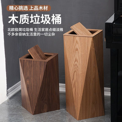 A wooden trash can