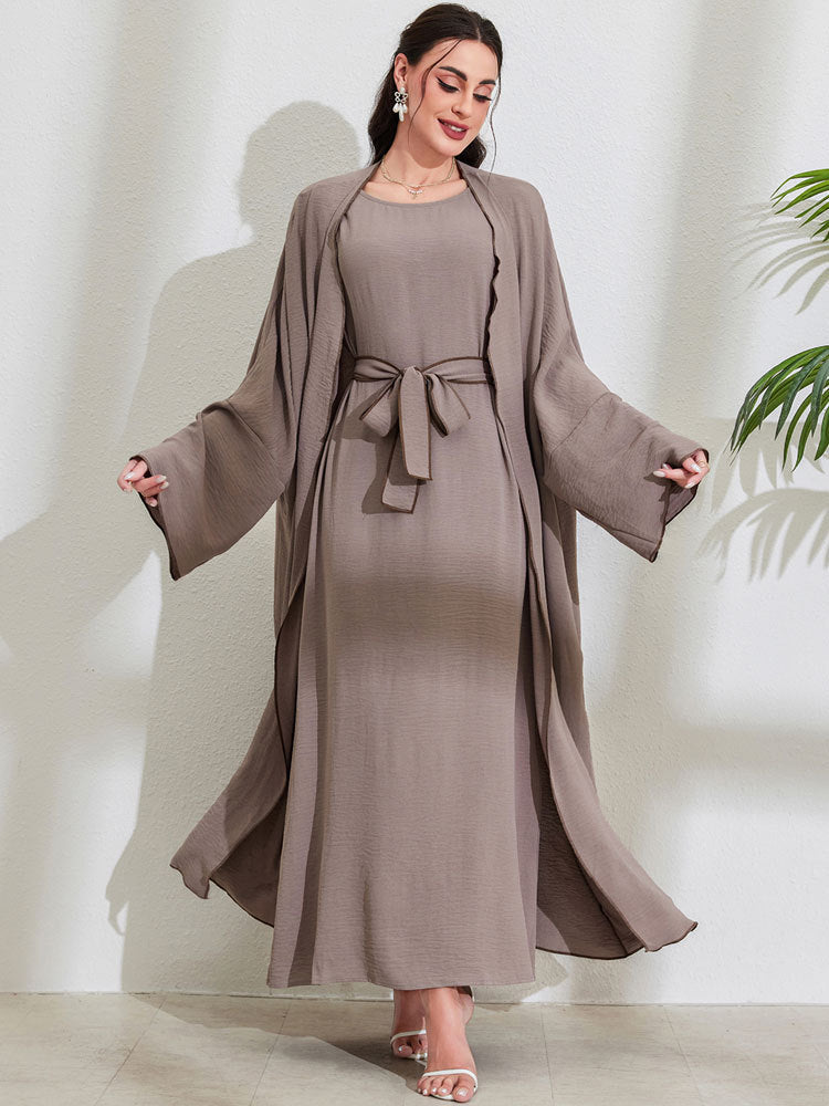 Women's Middle Eastern Muslim Clothing Fashion Elegant Cardigan Dress Belt Robe - Mixbatch