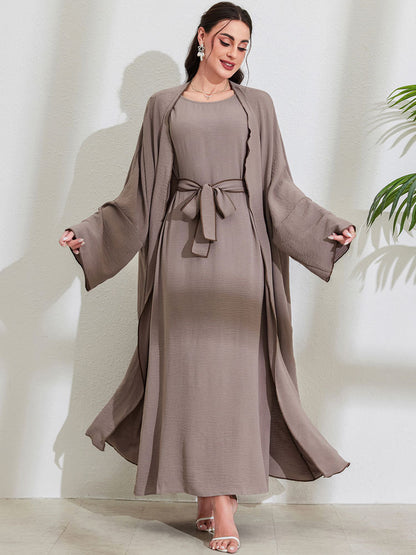 Women's Middle Eastern Muslim Clothing Fashion Elegant Cardigan Dress Belt Robe - Mixbatch