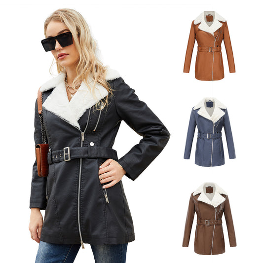 A women's fleece leather jacket