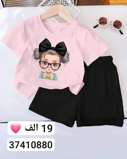 A Children's cute cartoon pattern printing set boys and girls short-sleeved T-shirt + shorts