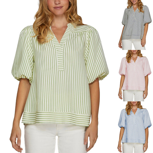 European beautiful women's shirt Amazon independent station cross-border 2025 new V-neck splicing bubble sleeve striped top