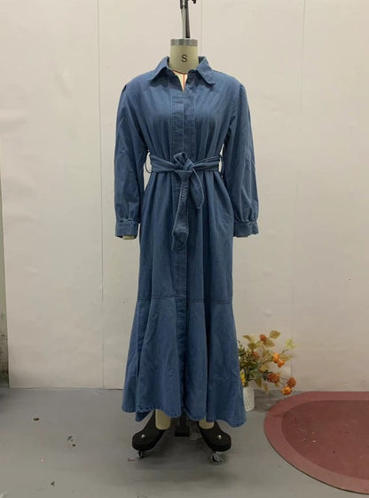 A autumn new European, American Amazon cross-border women's clothing solid color zipper model lace-up waist denim dress