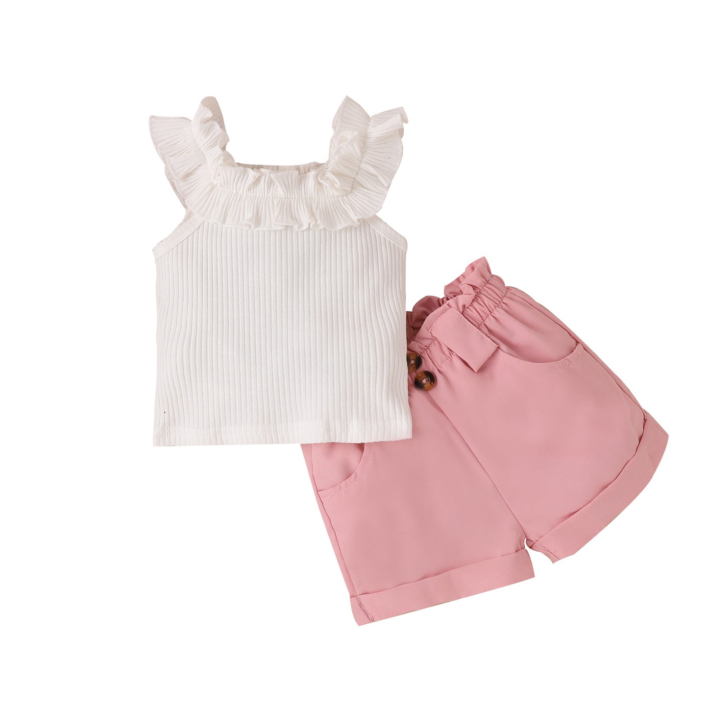 A Tengxin Children's Clothing Amazon Spring/Summer Small and Medium Children's Wooden Ear Tank Top Sleeveless Top Solid Color Shorts Girls' Set - Mixbatch