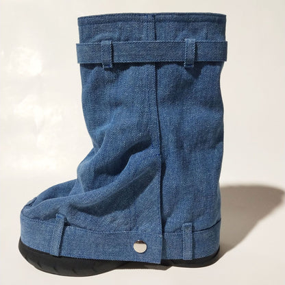 A foreign trade new denim platform shark buckle lock trouser skirt round head women's boots large size short wedge heel women's shoes