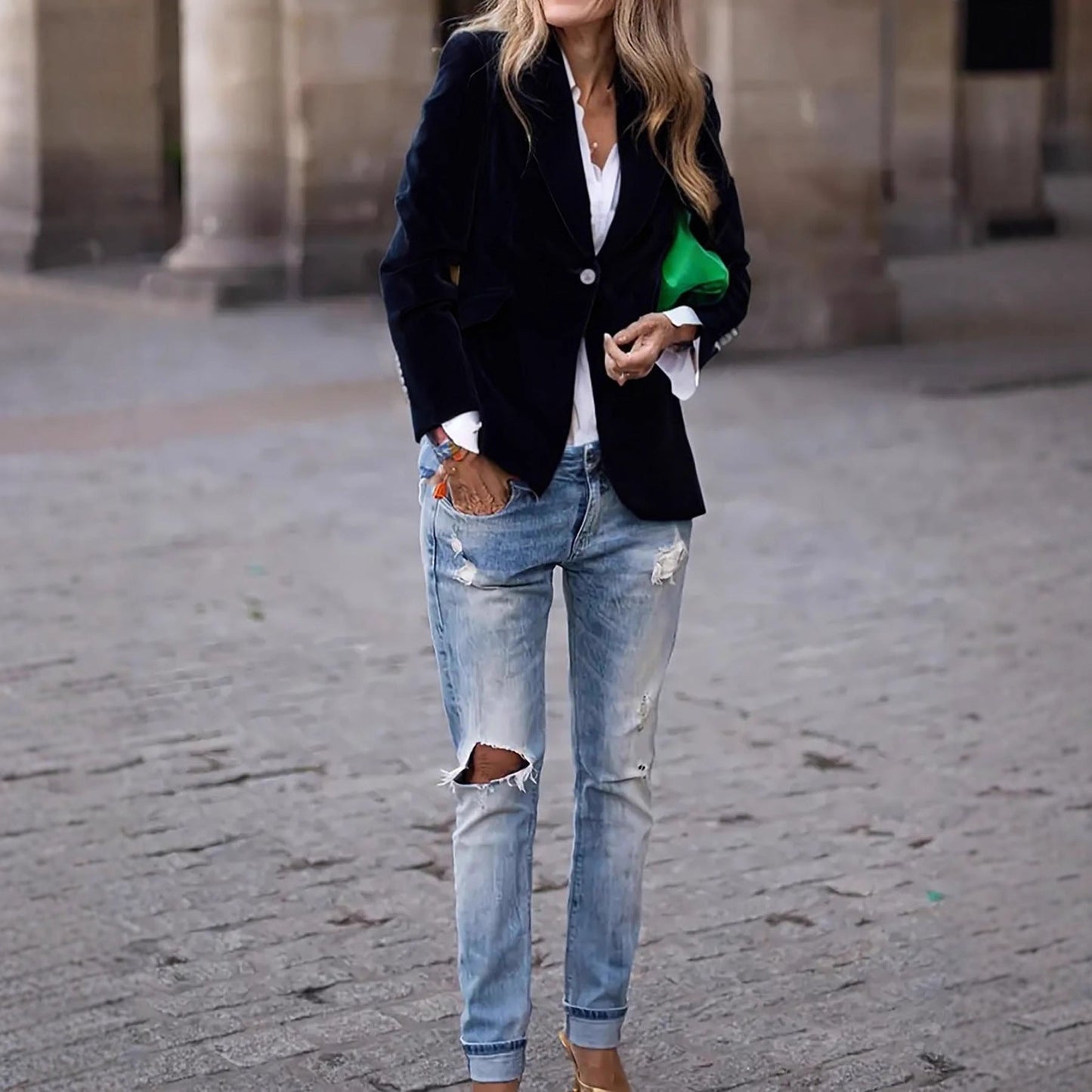 A gold velvet blazer