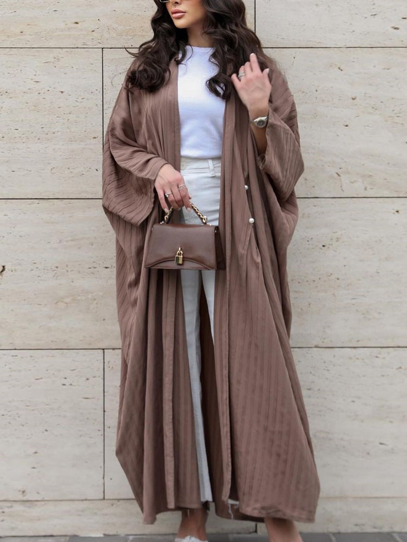 Middle East Dubai Clothing Bat Sleeve Long Dress Fashion Elegant Cardigan Pearl Dress Robe - Mixbatch