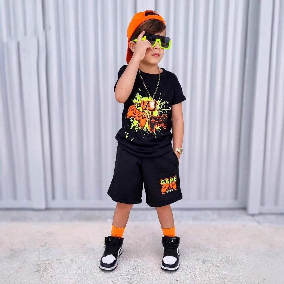 A European, American and foreign trade Amazon summer new hot-selling gamepad printed children's clothing set short-sleeved T-shirt shorts