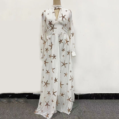 A new multi-color semi-turtleneck sequined slit lantern sleeve pendulum dress chiffon dress
