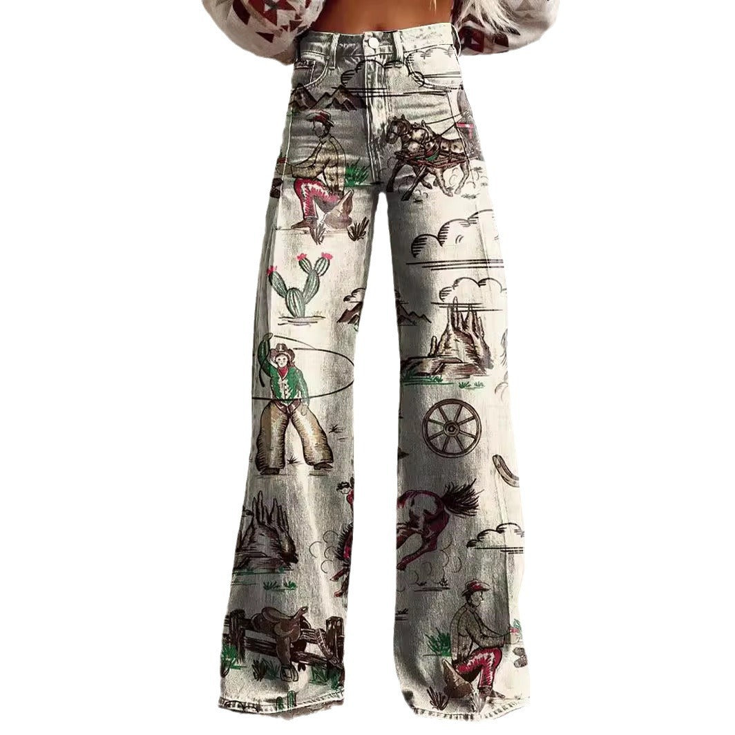 A European and American foreign trade large size women's casual pants, thin imitation jeans, wide legs