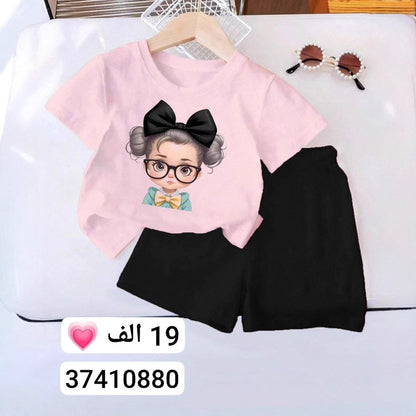 A Children's cute cartoon pattern printing set boys and girls short-sleeved T-shirt + shorts