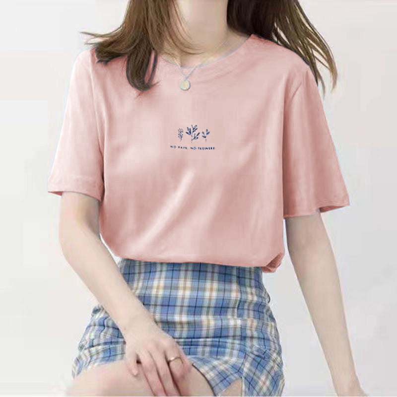 A Short Sleeve Korean Version Crew Neck T-Shirt Women's Summer Loose Plant Print Casual - Mixbatch