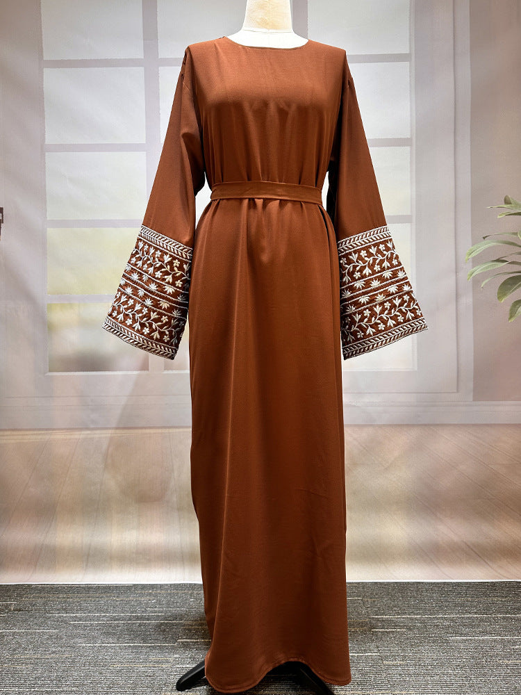 Middle Eastern Muslim Fashion Elegant Cardigan Embroidered Belt Dress Pocket Robe - Mixbatch
