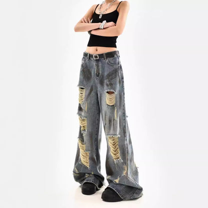 A old retro ripped jeans women's summer new American loose drape wide leg pants tide