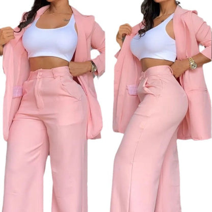 A women's temperament elegant solid color split sleeve lapel suit pocket straight pants suit