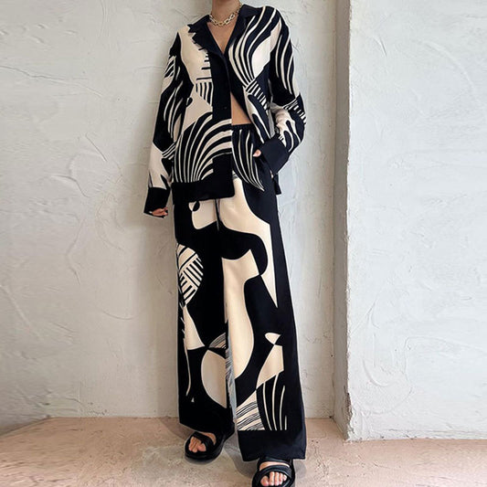 A Spring new trend fashion print suit long cardigan straight pants two-piece set