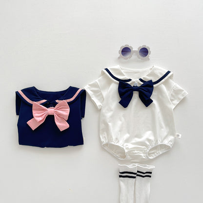 A baby summer new girl baby western-style college wind lapel bow Harbin clothes newborn triangle climbing suit - Mixbatch