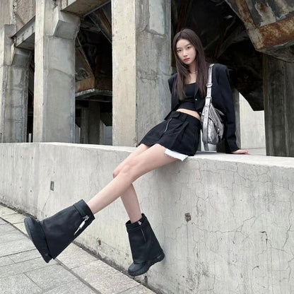 A inner height-increasing short boots for women, thick-soled metal lock trouser tube boots for women