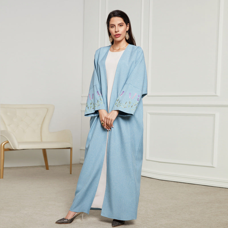 Spring and summer new robe Middle Eastern Muslim fashion embroidery elegant cardigan long skirt bat sleeve dress - Mixbatch