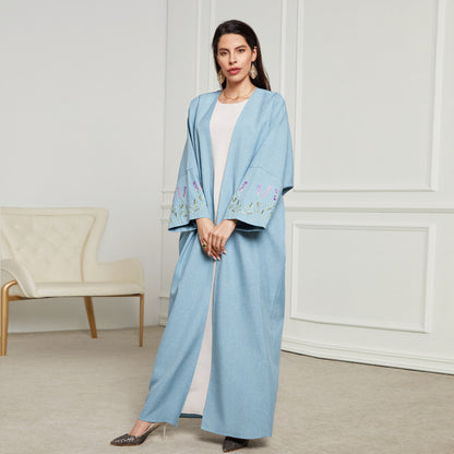 Spring and summer new robe Middle Eastern Muslim fashion embroidery elegant cardigan long skirt bat sleeve dress - Mixbatch
