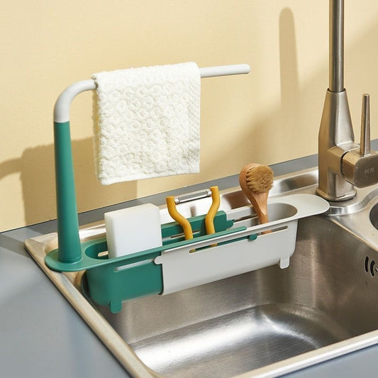 A sink drain basket storage rack
