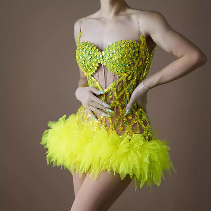 A costume nightclub bar female fluorescent full diamond mesh suspender skirt singer dance team jackfruit