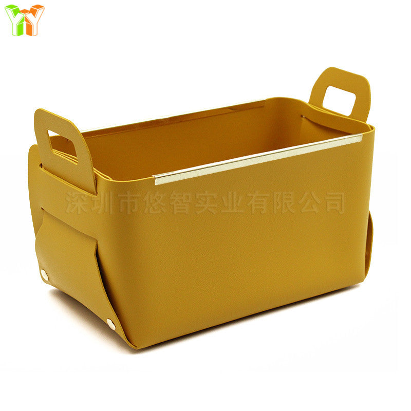 A leather sock storage basket