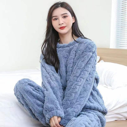 A Strictly selected coral fleece pajamas women's autumn and winter jacquard comfortable cotton fleece thickened loungewear two-piece set loose warm suit - Mixbatch