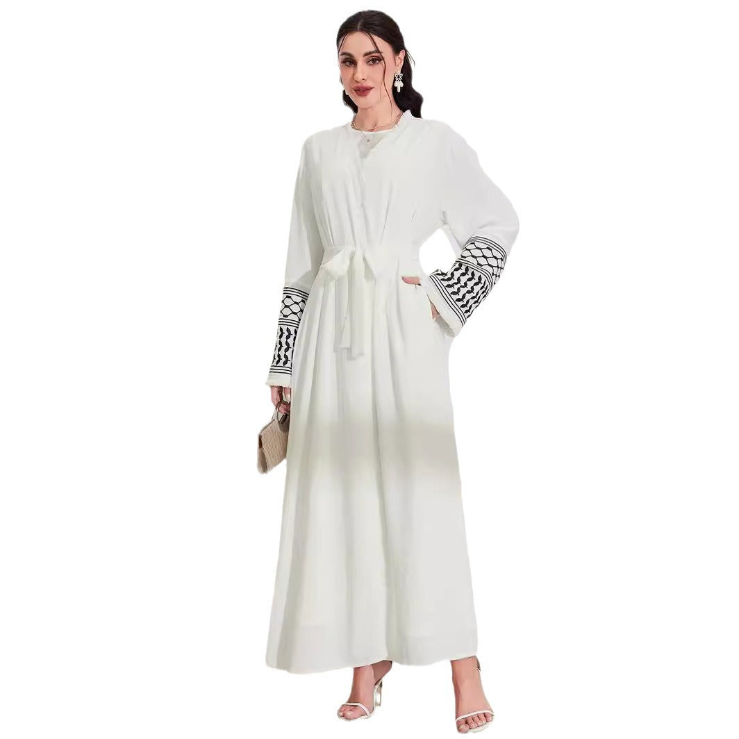 Women's Middle Eastern Muslim Clothing Elegant Pocket Cardigan Embroidered Contrast Dress Belt Robe - Mixbatch