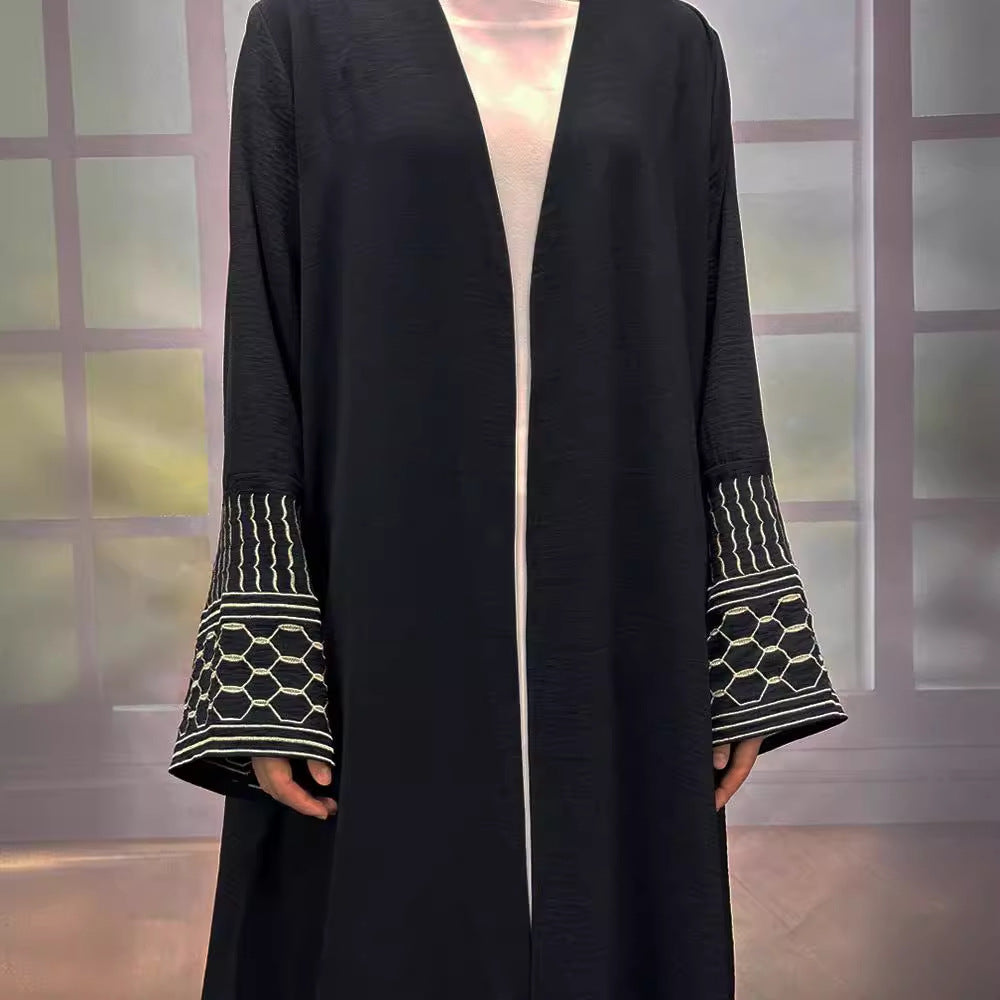 Middle Eastern Muslim Clothing Fashion Elegant Pocket Cardigan Embroidered Lace-Up Dress Robe - Mixbatch
